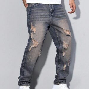Damage (Ripped) Blue Straight Fit Jeans